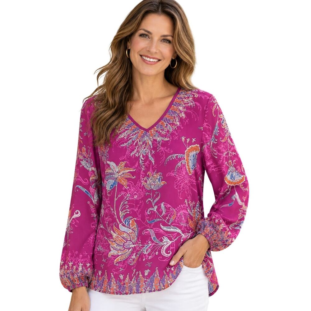 Bob Mackie Fuchsia Floral Top Womens Medium Colorful Sheer Woven Art to Wear